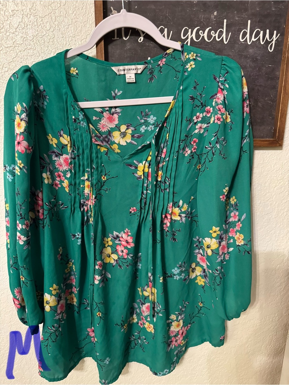 Counterparts Teal Green Floral Pleated V-Neck Blouse
